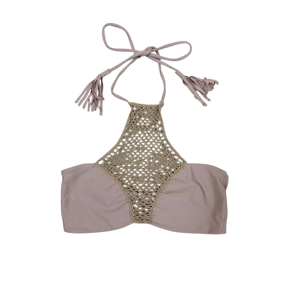 Acacia Swimwear Nude Crochet Halter Bikini Top Tassel Tie Boho Large